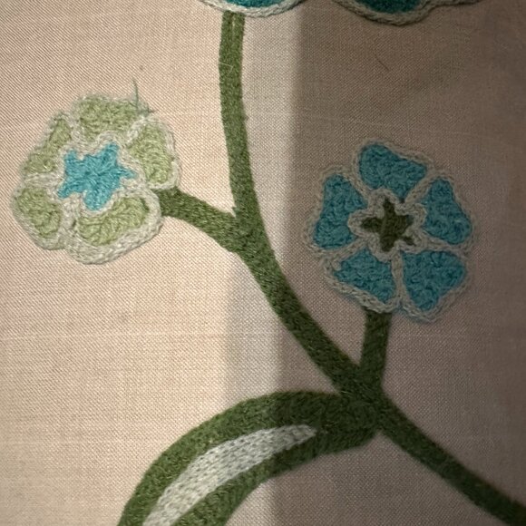 NEW Pier One Lumbar Embroidered floral blue and Green Pillow w/ tan background - Picture 10 of 11